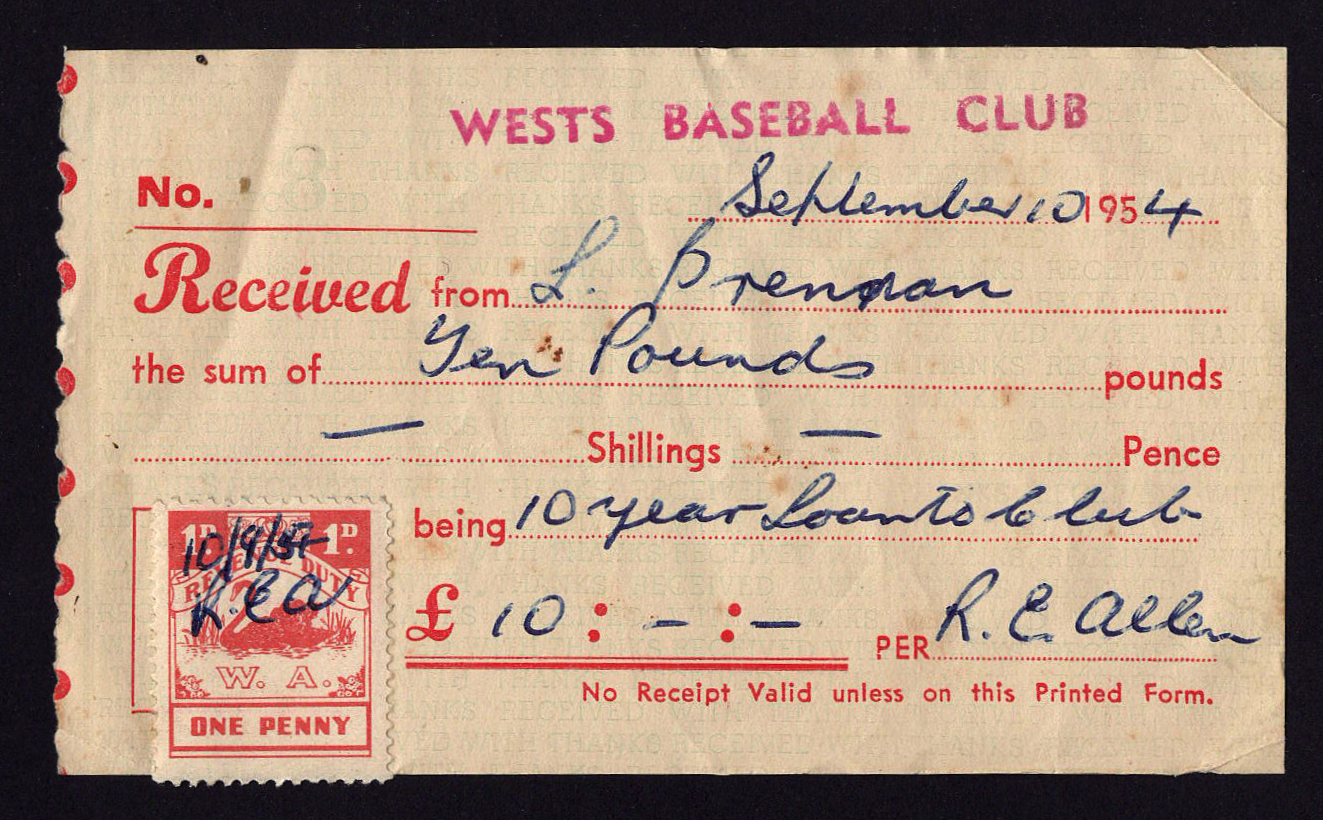 1954 Receipt for £10 loan from West Australian Newspapers