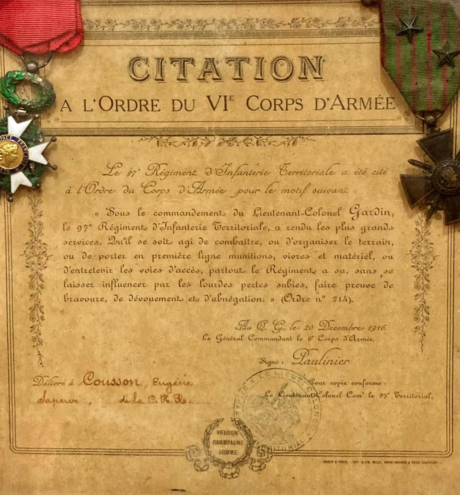 Close-up of citation to French Sapper, Eugene Cousson