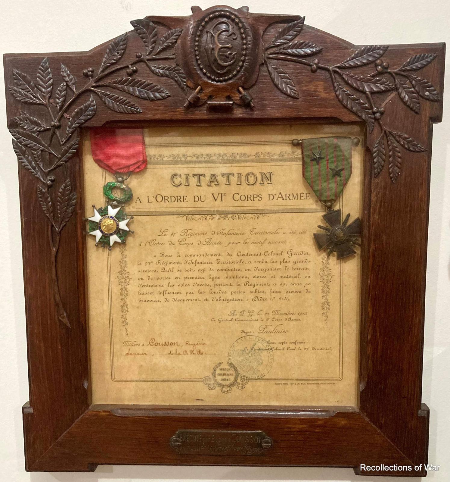 Citation to French Sapper, Eugene Cousson, in ornate timber frame