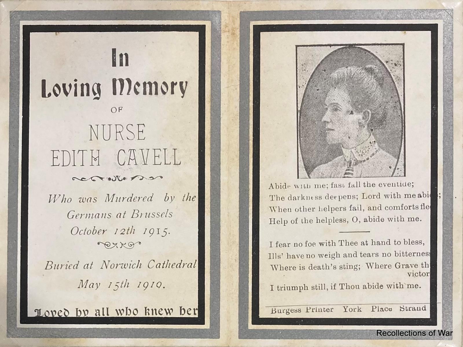 Mourning Card printed in memory of British nurse, Edith Cavell