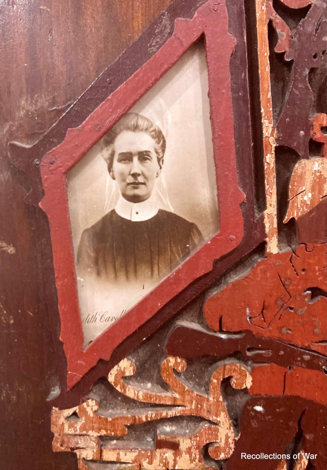 British nurse, Edith Cavell, framed inside the outline of a timber flag