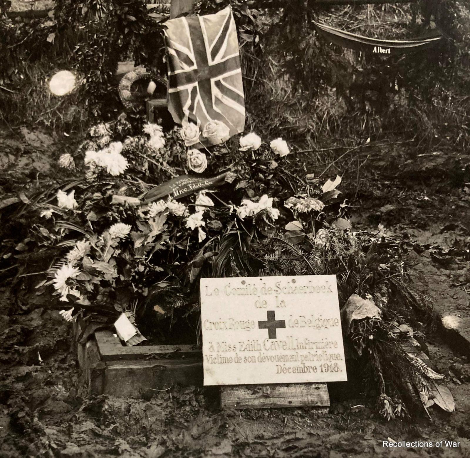 Close-up of the floral tributes on the grave of British nurse, Edith Cavell