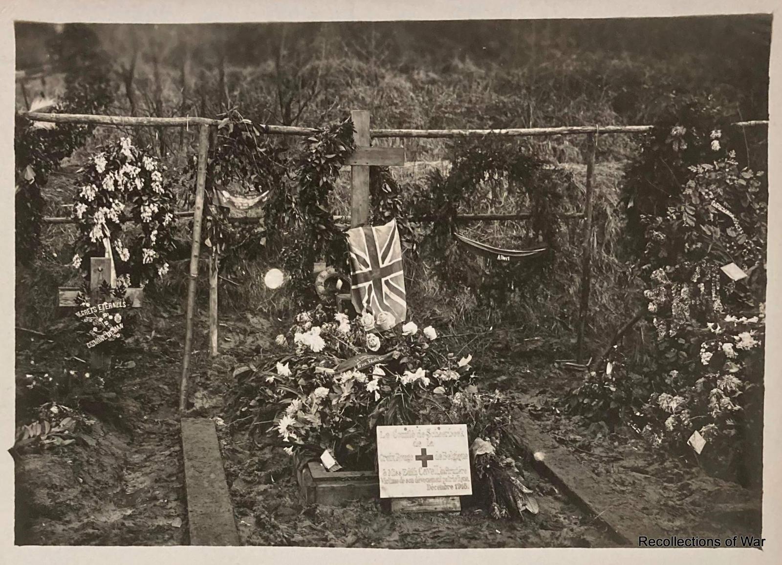 Photo of the floral tributes on the grave of British nurse, Edith Cavell