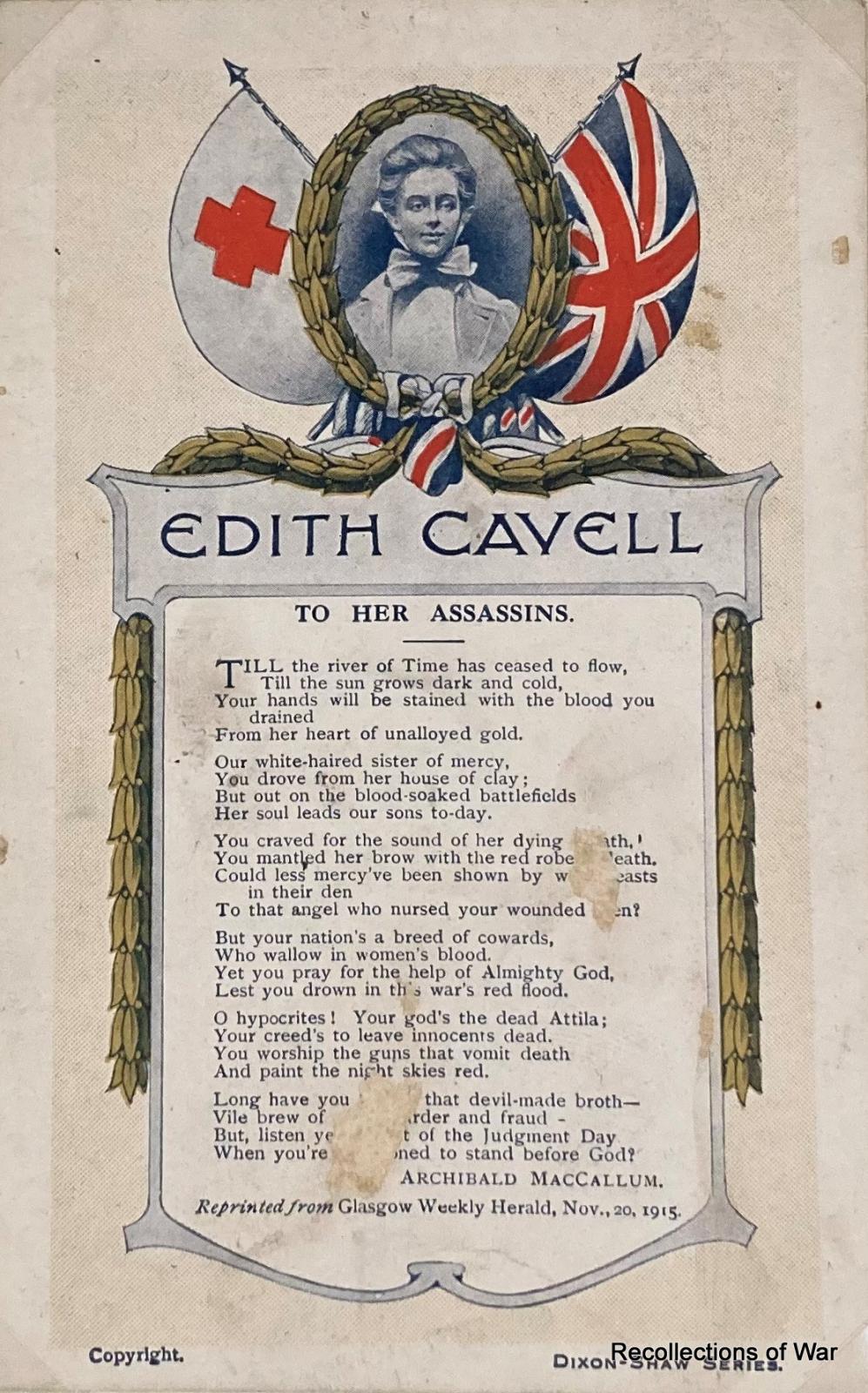 Postcard featuring portrait of Edith Cavell with British and Red Cross flags