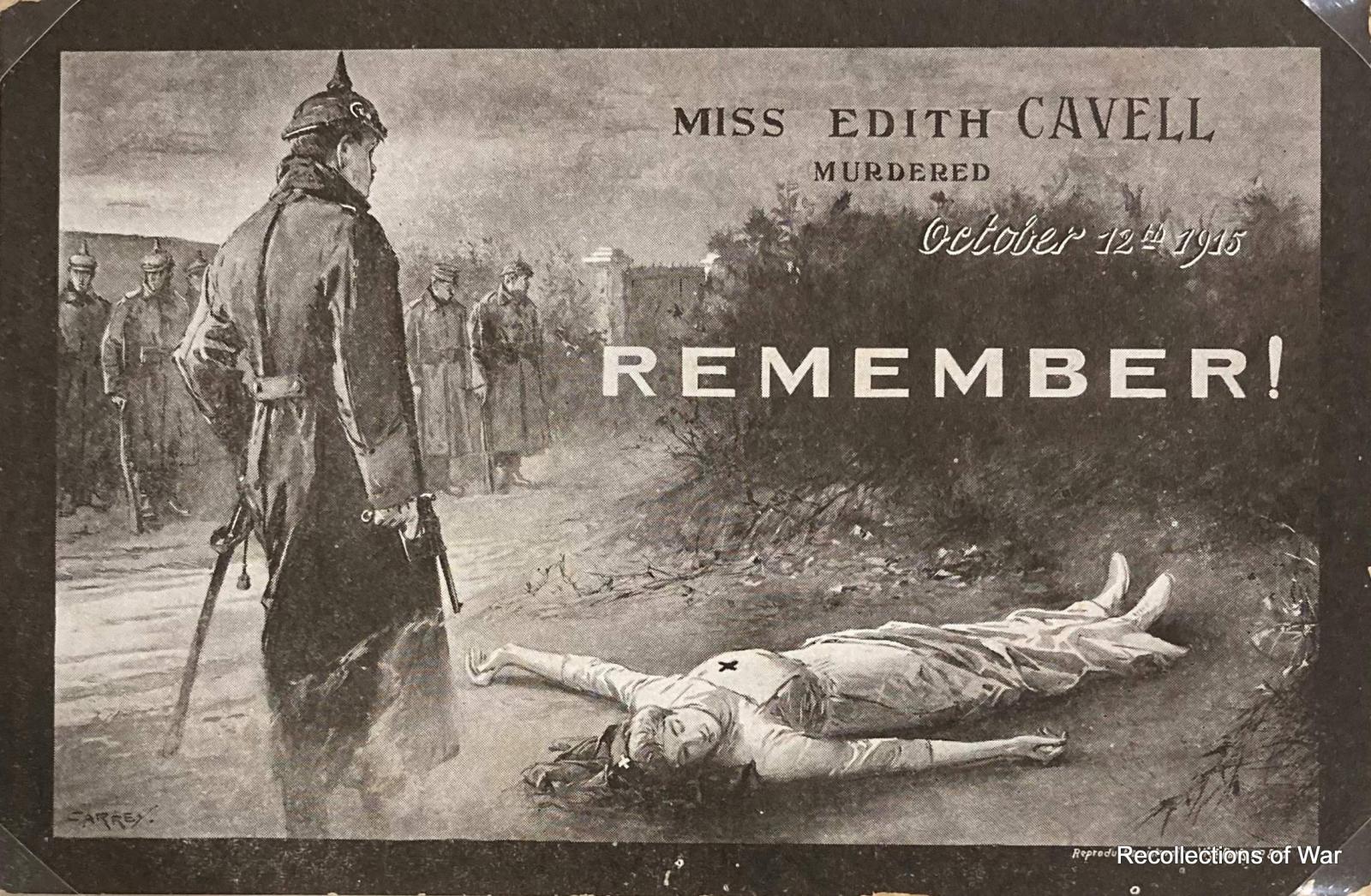 Postcard showing Edith Cavell lying dead with a German soldier standing over her with a smoking gun