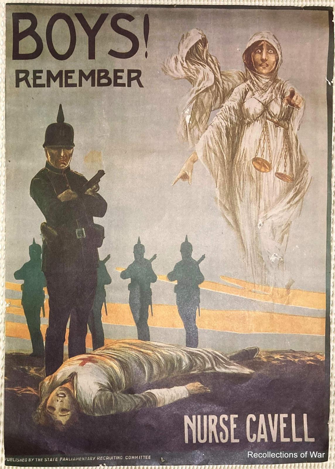 Poster showing image of Nurse Edith Cavell's body on ground after being shot and her spirit rising