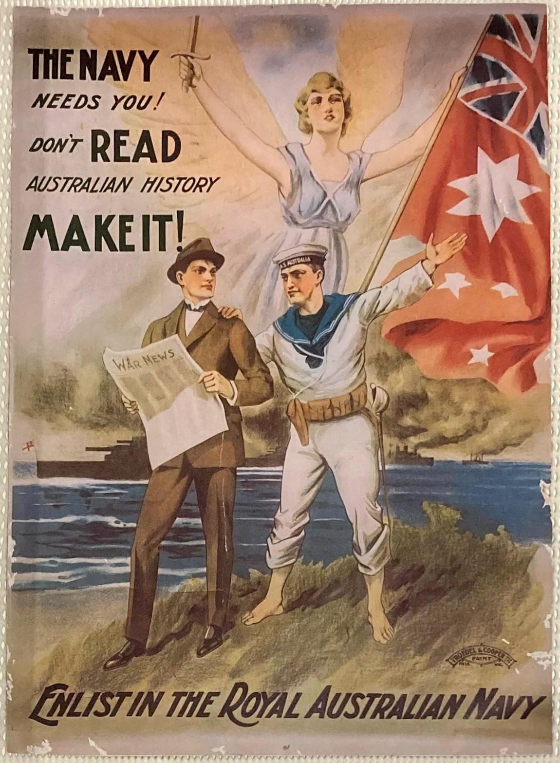 Royal Australian Navy enlistment poster showing a sailor enouraging a civilian to join up