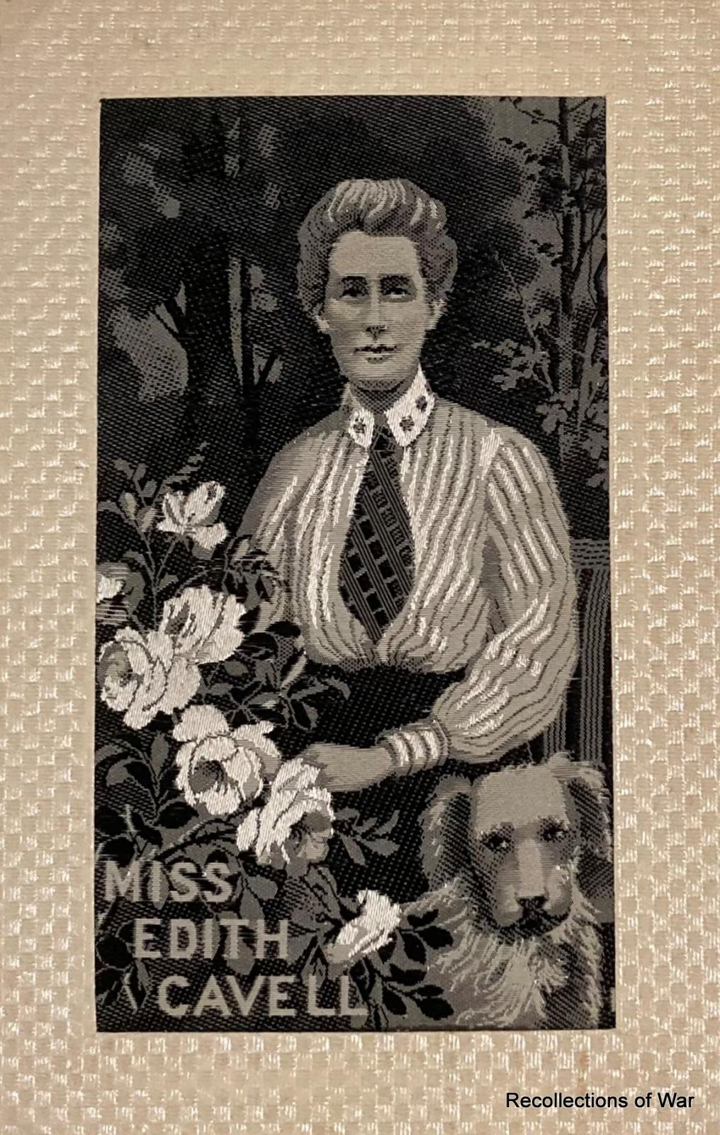 Silk postcard featuring image of Edith Cavell with a dog and flowers