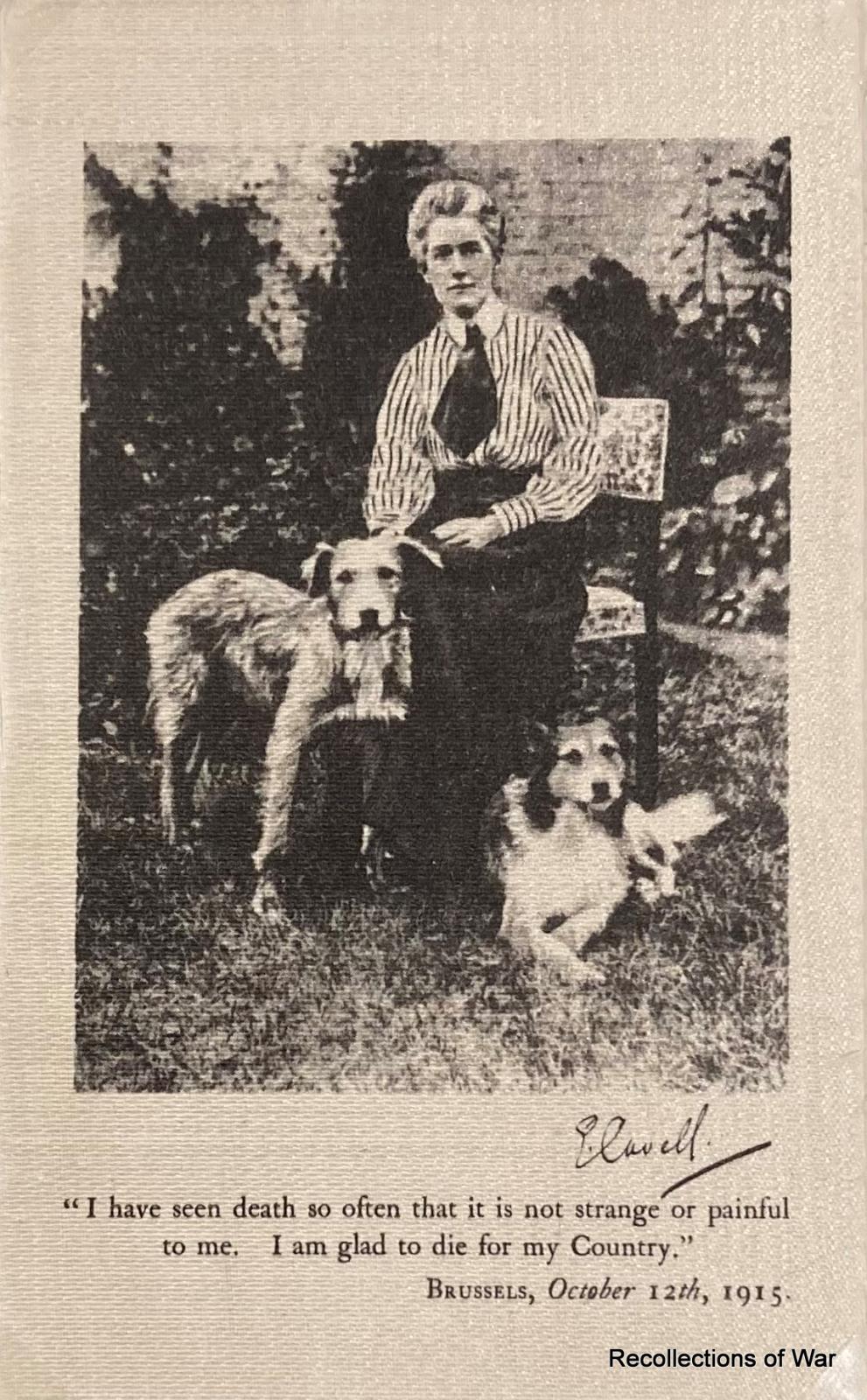 Silk postcard featuring image of Edith Cavell seated in a garden with two dogs