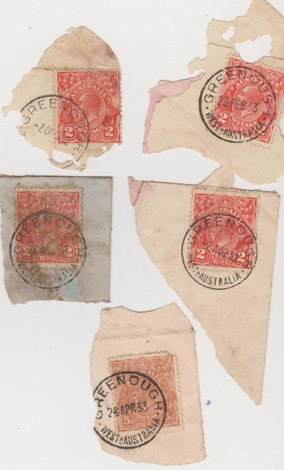 Four 2d red and one 5d ochre stamps postmarked Greenough