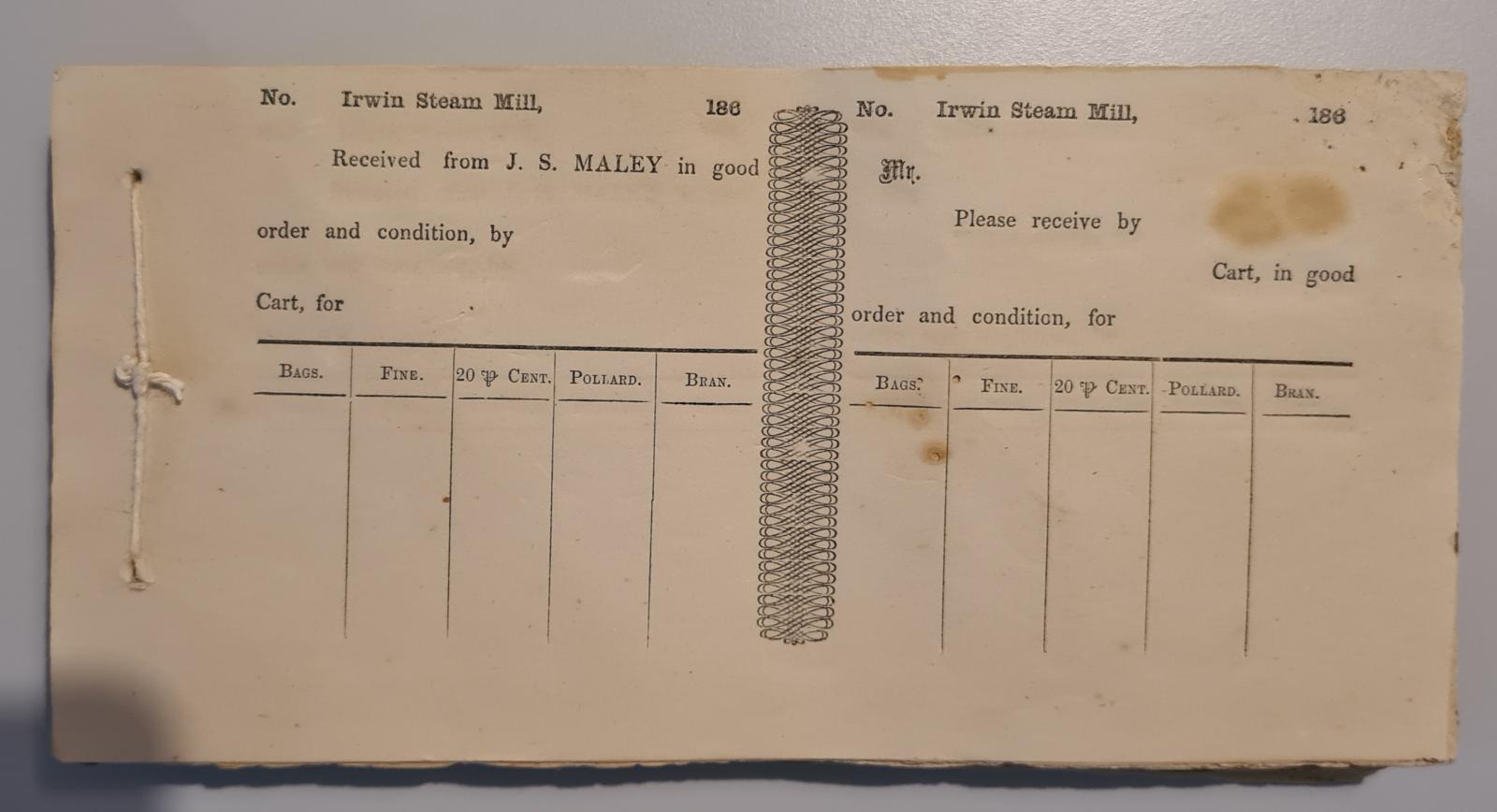 Unused Irwin Steam Mill docket book