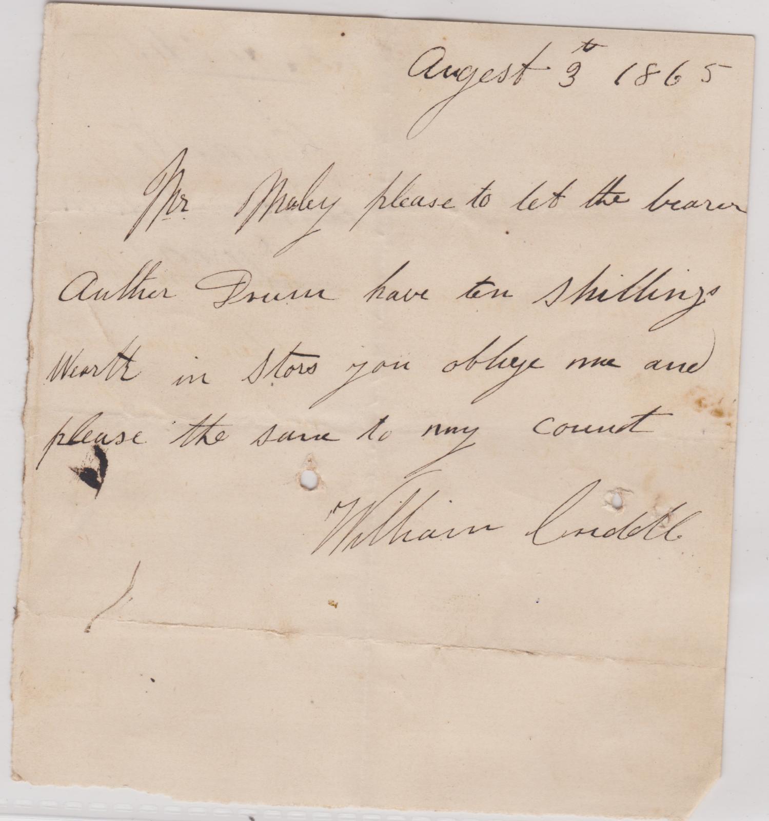 Promissory note from William Criddle for Arthur Drum