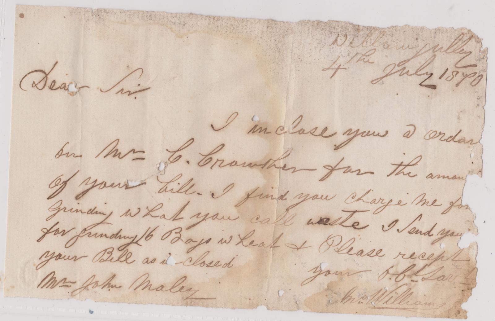 Letter from J. Williams, Willowgully