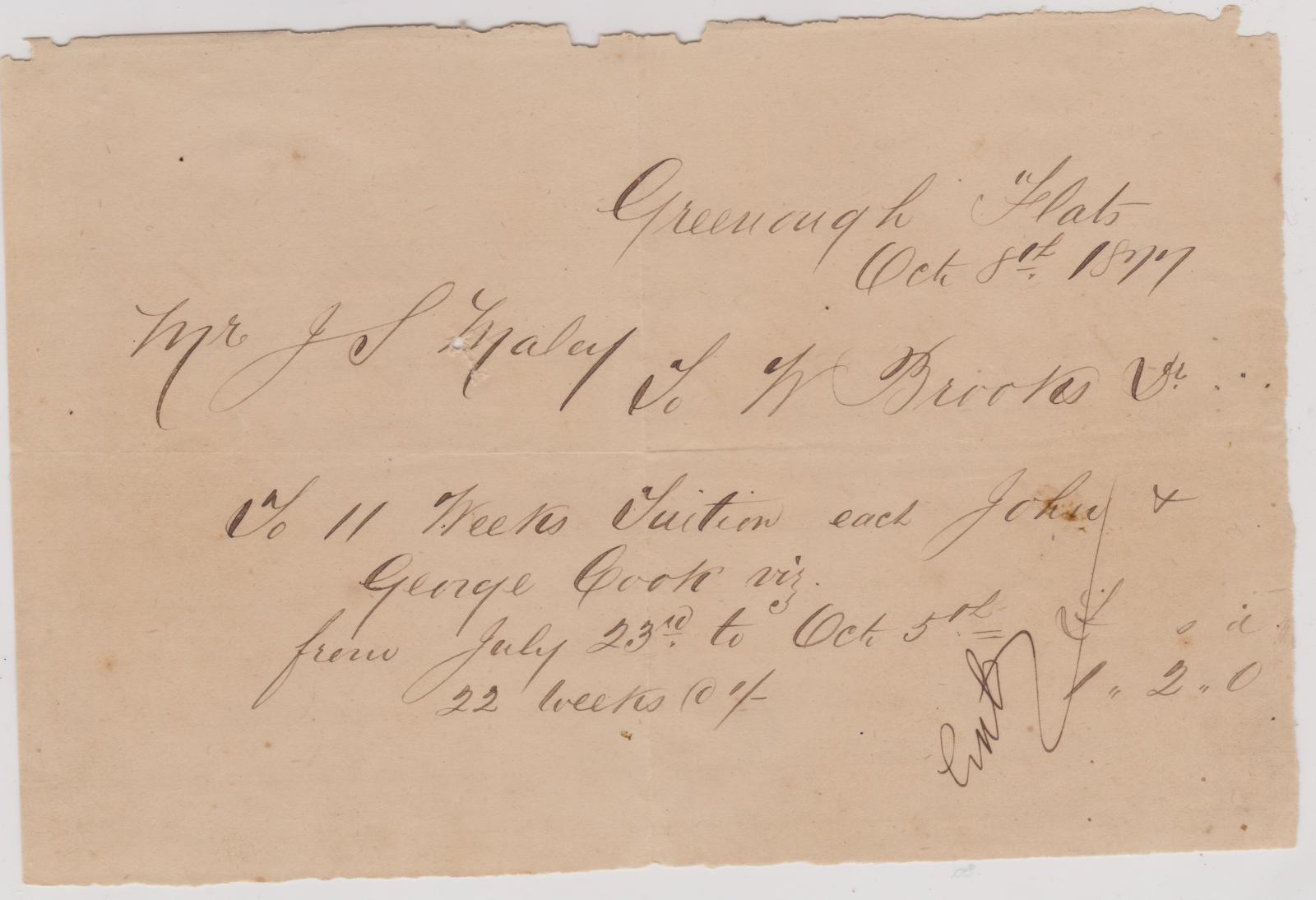 Invoice from W. Brooks for tuition of G & J Cook