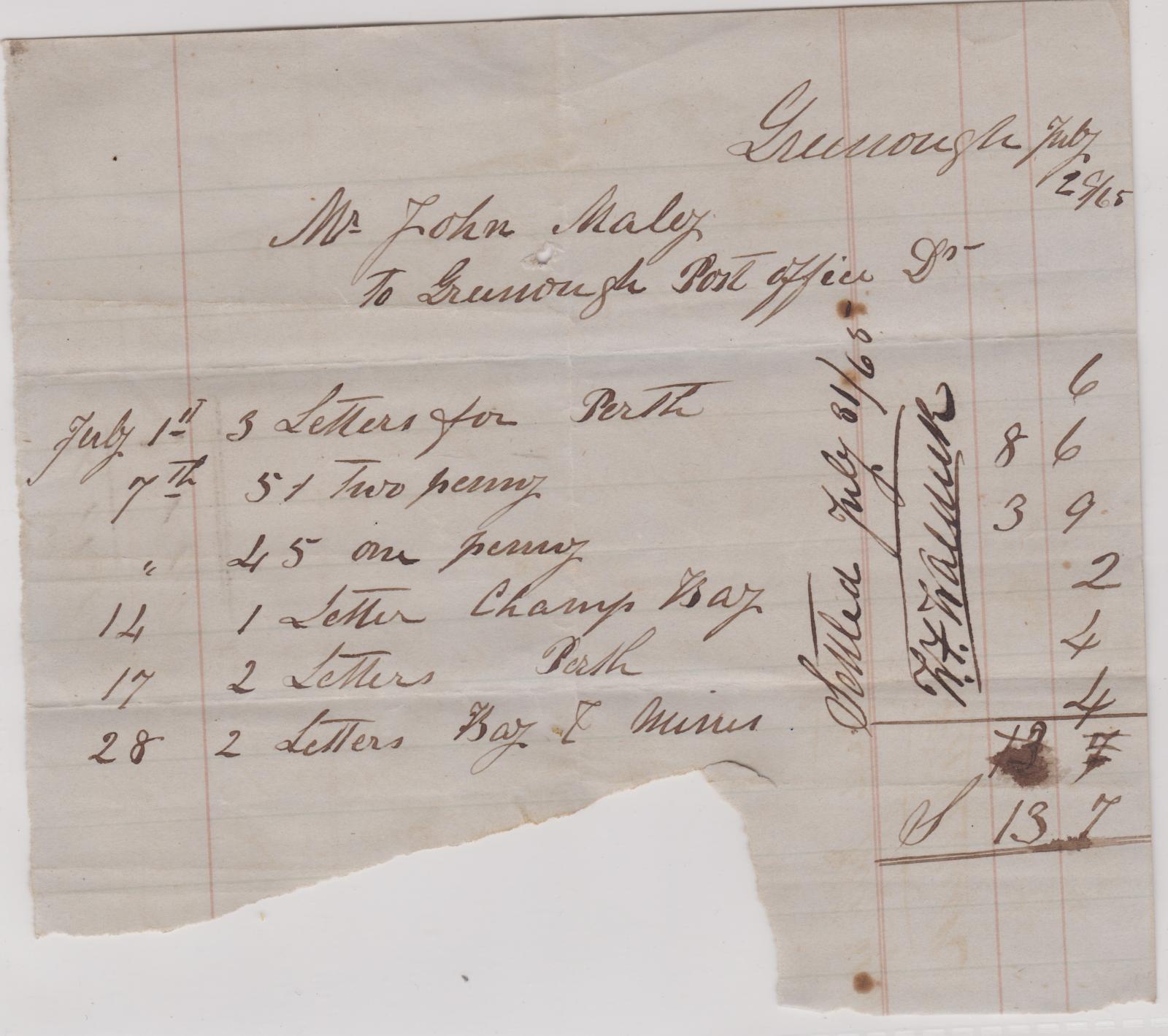 Invoice from Greenough Post Office to Mr John Maley