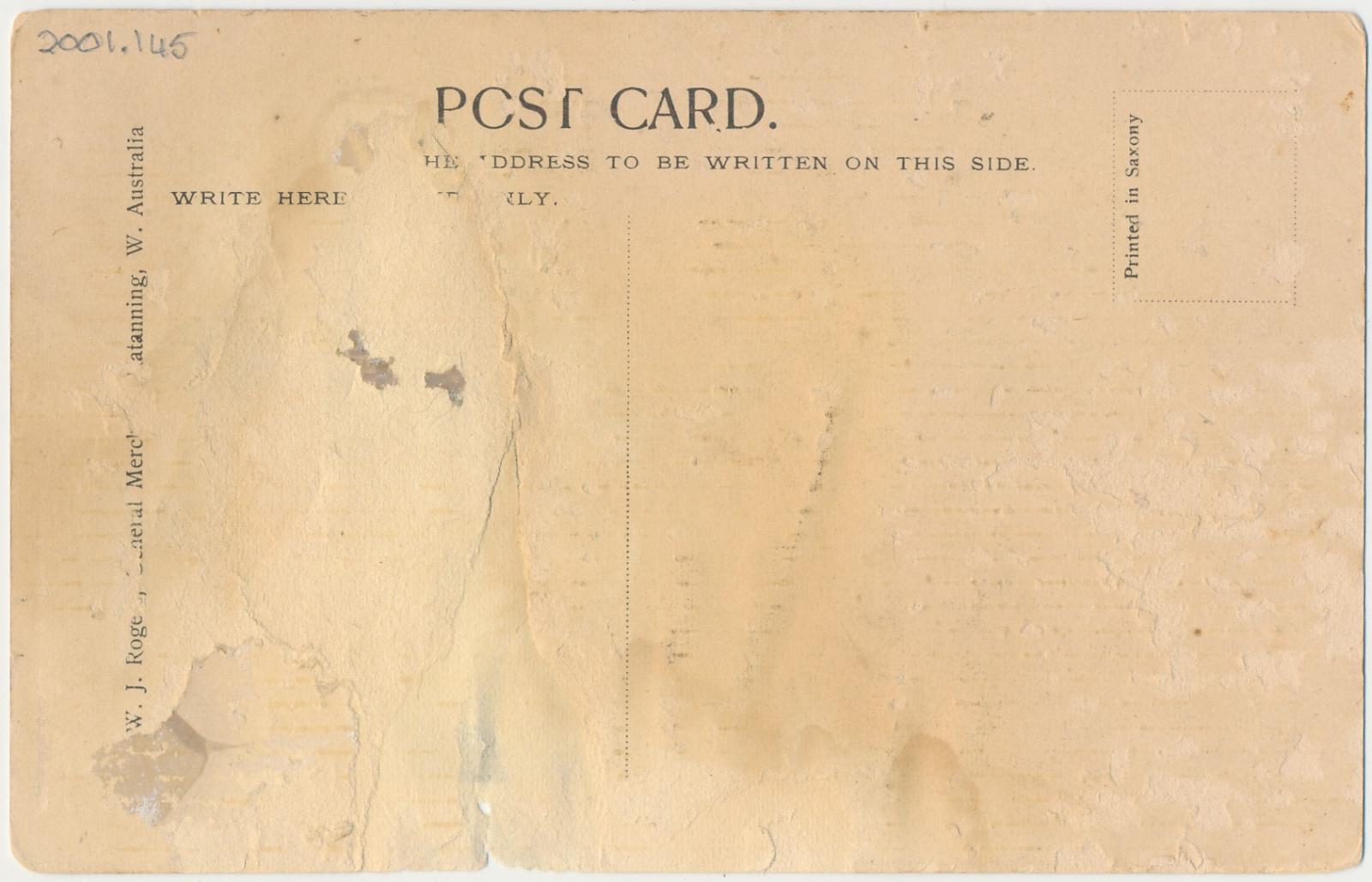 Back of postcard of First Bark Loaded at Katanning W. Australia