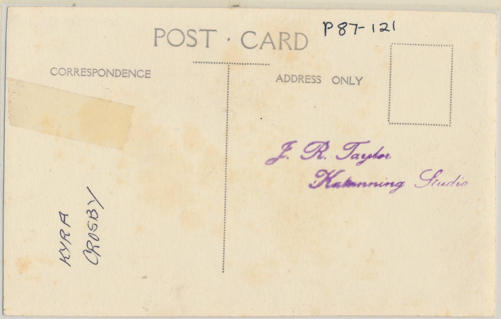 Back of postcard of Kyra Crosby