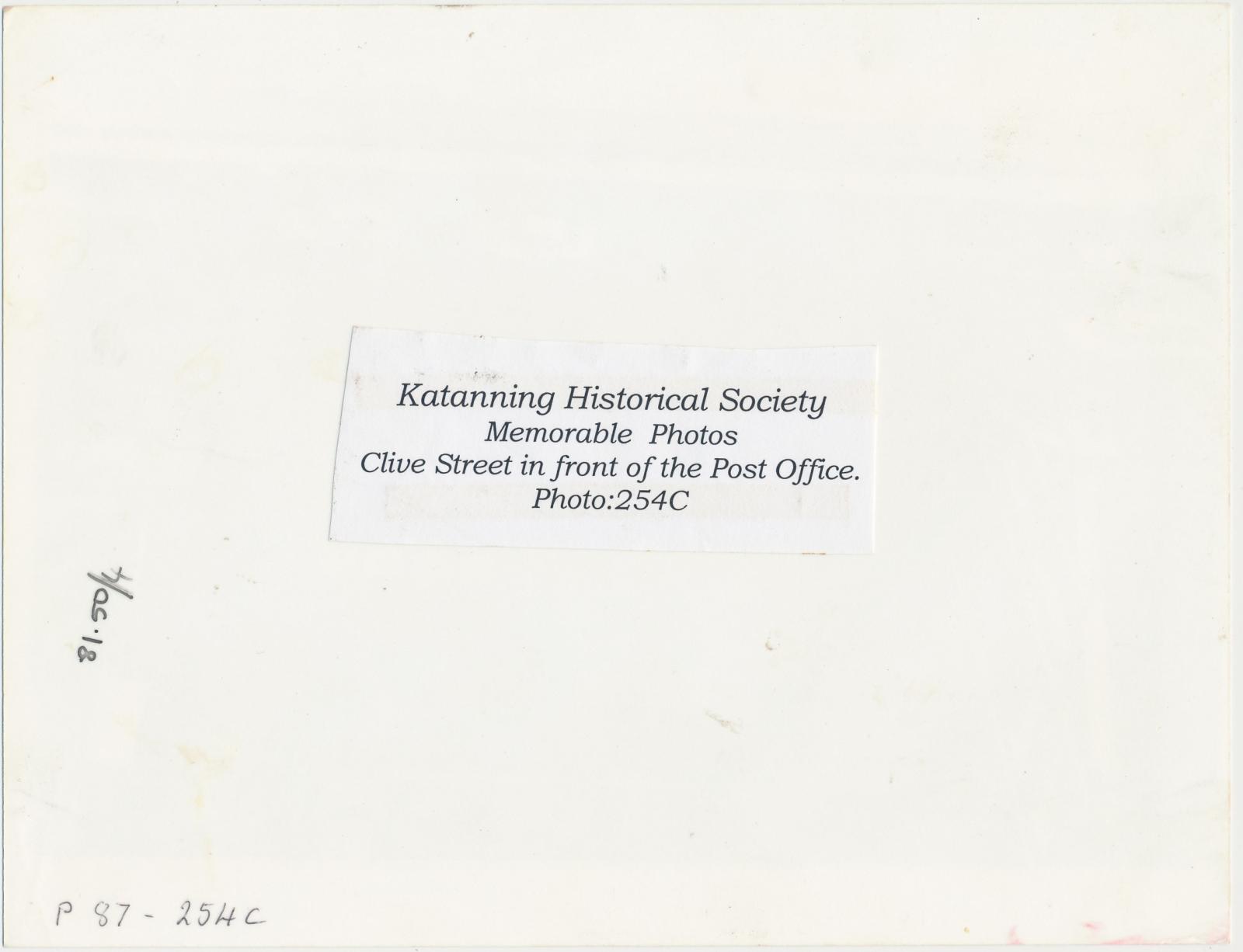 Back of photograph of Clive Street in front of the Post Office