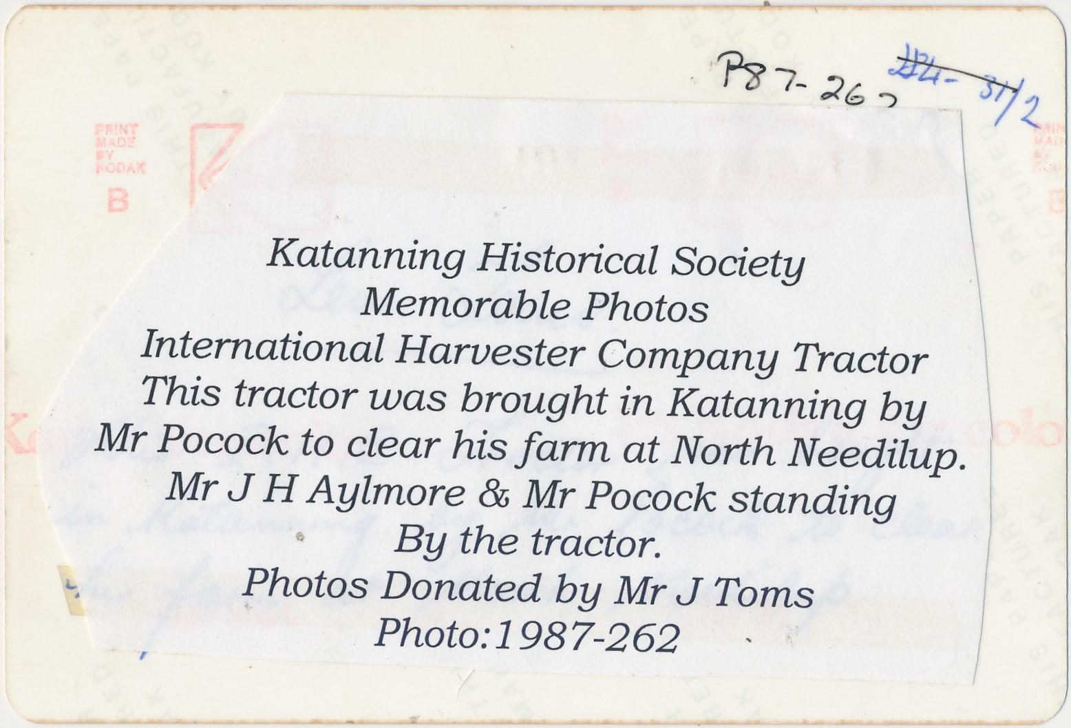 Back of photograph of International Harvester Company Tractor