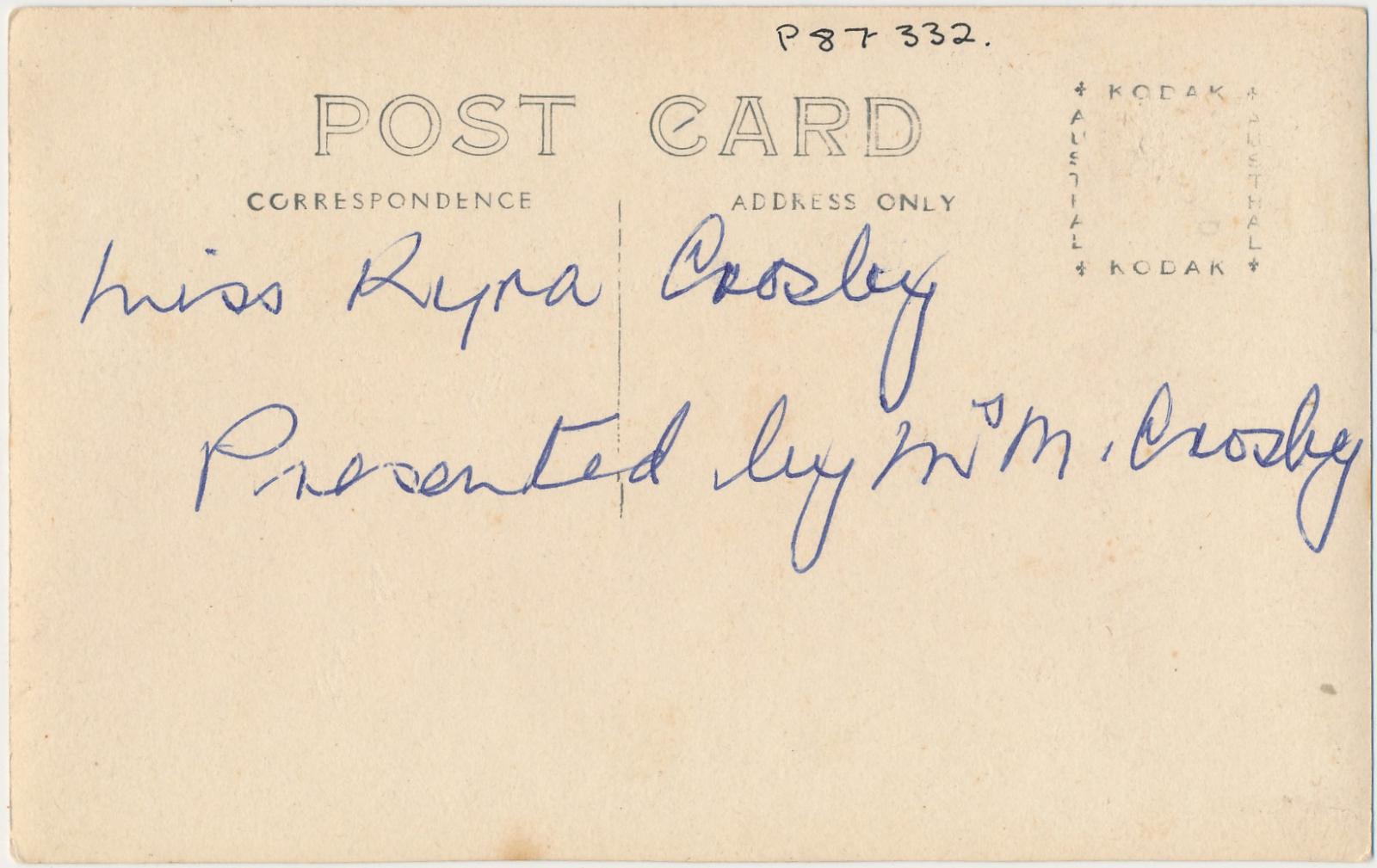 Back of postcard of Kyra Crosby