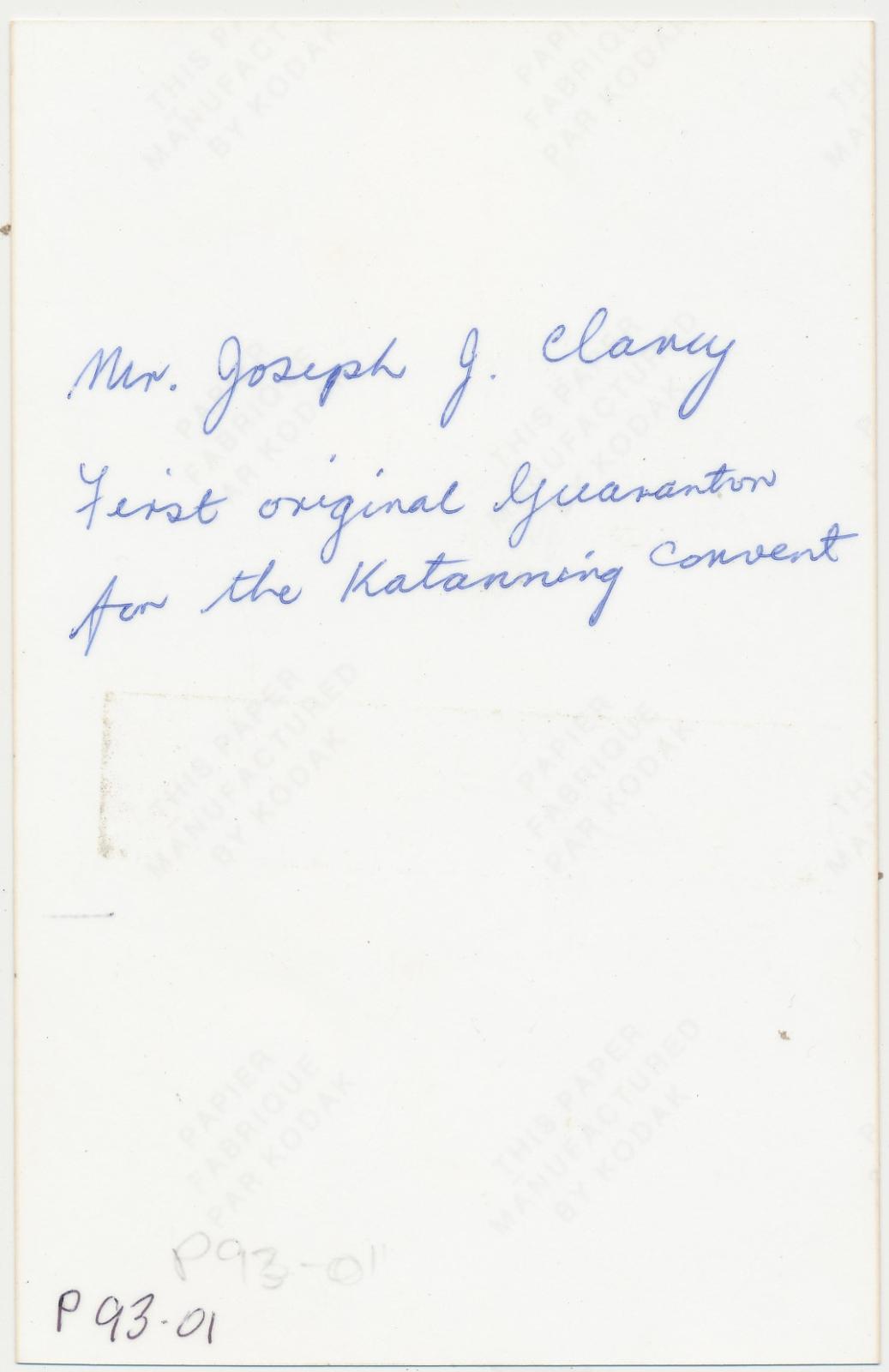 Back of photograph of Joseph J. Clancy