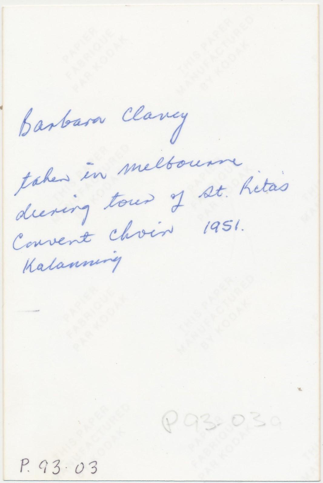 Back of photograph of Barbara Clancy