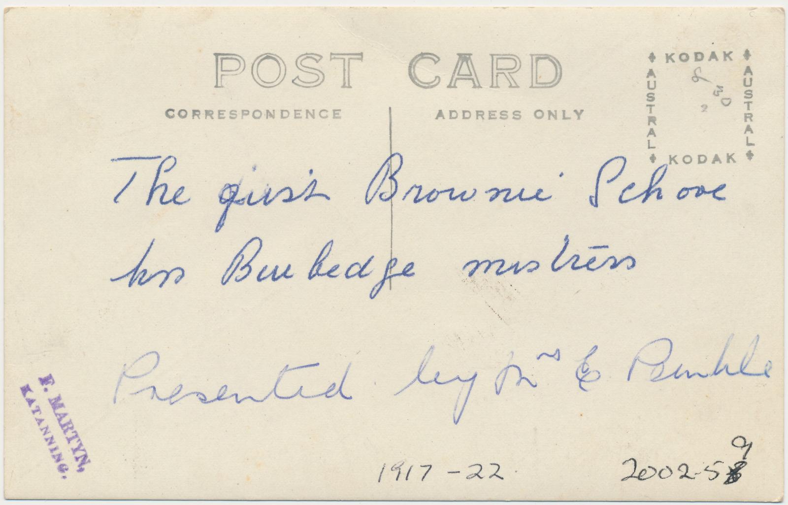 Back of postcard of First Brownie School at Kobeelya