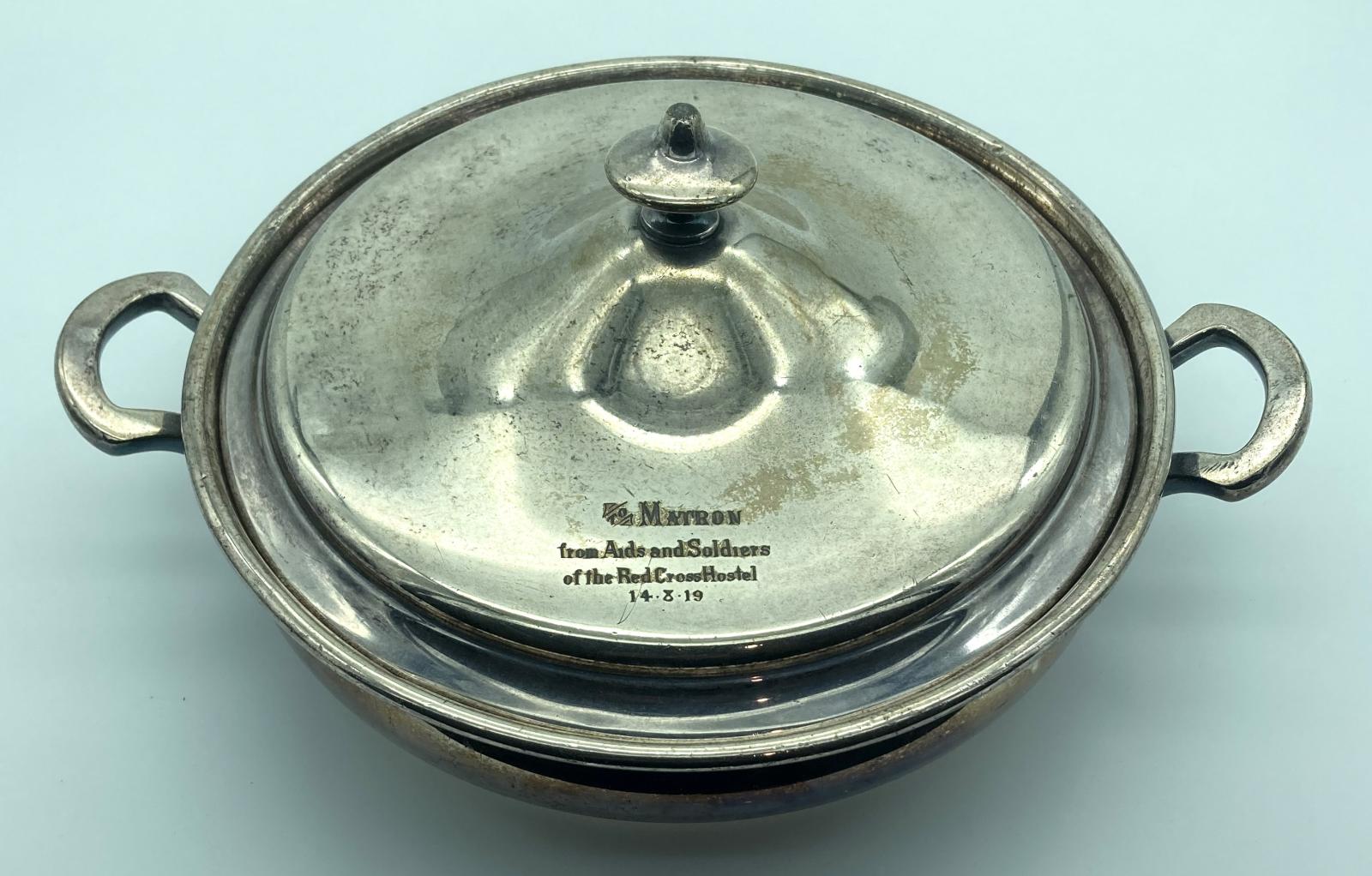 Silverplate covered dish presented to Matron