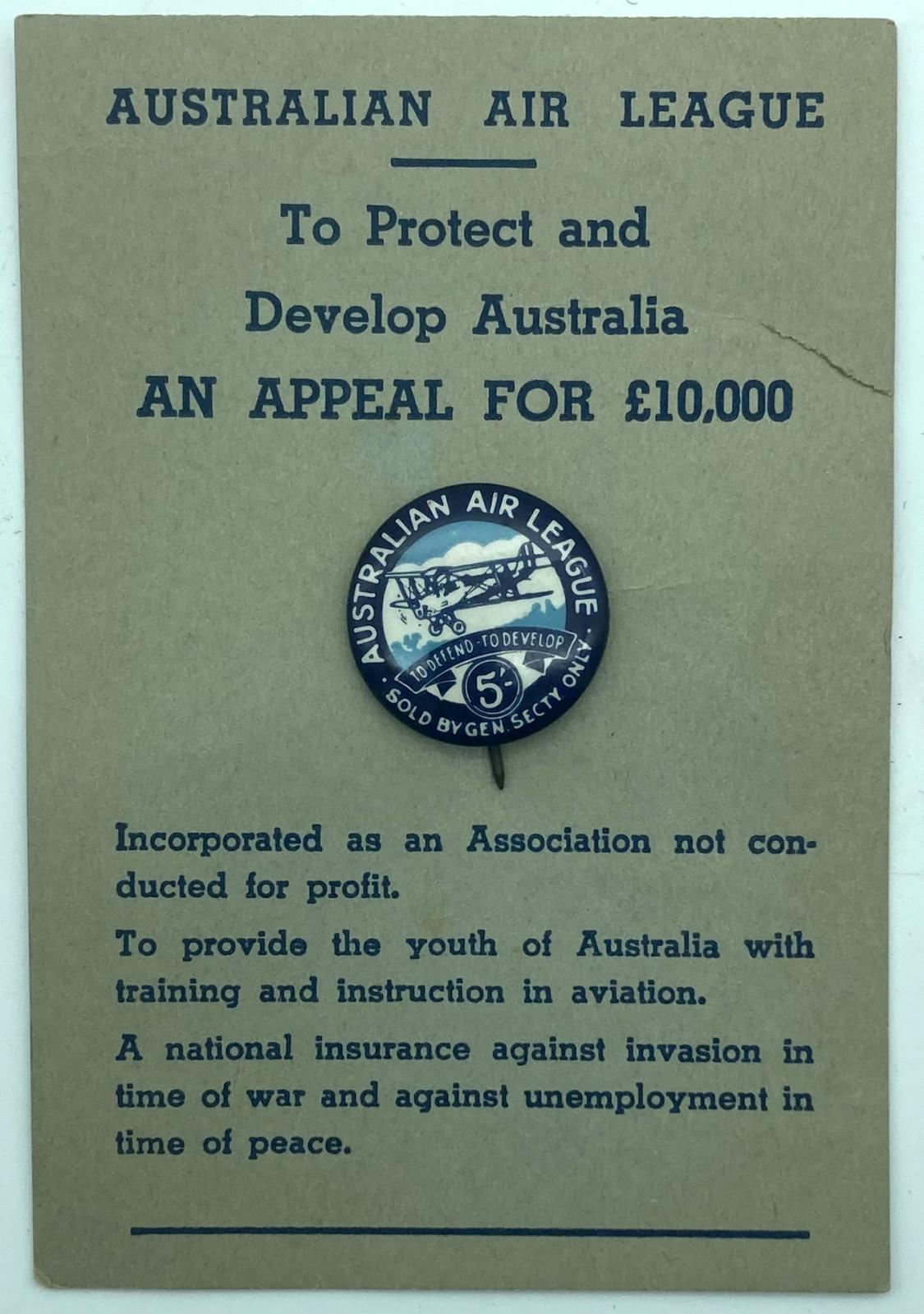 Australian Air League fundraising badge on card