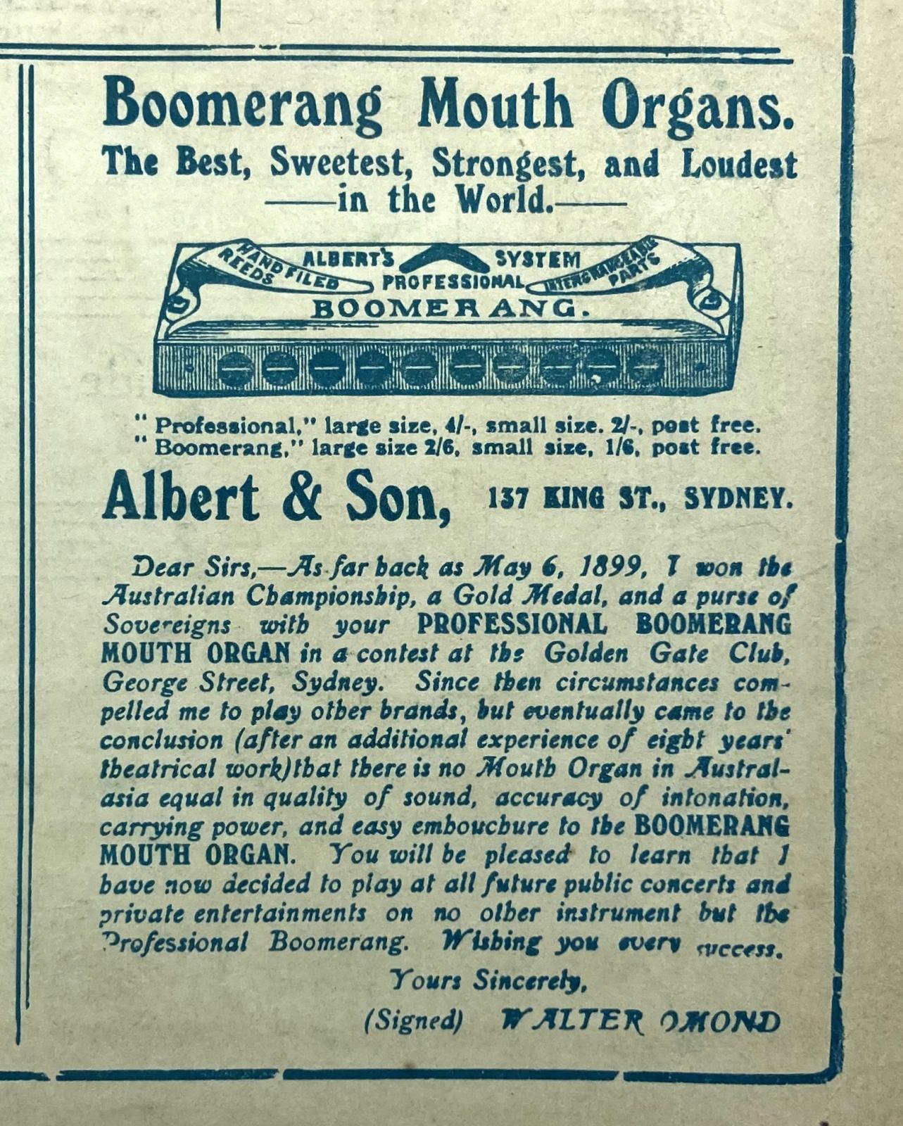 Advertisement for Boomerang Mouth Organ