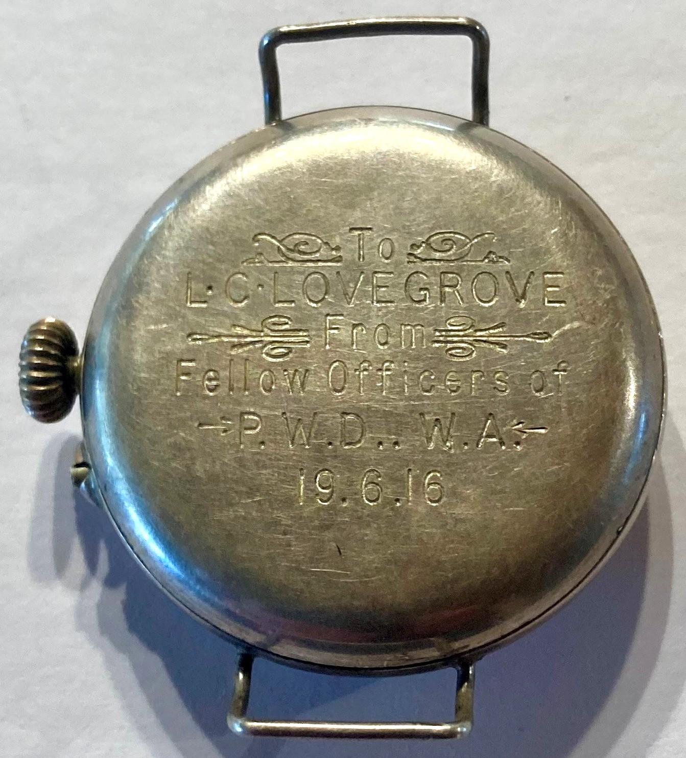 Trench watch presented to Leonard Charles Lovegrove - reverse