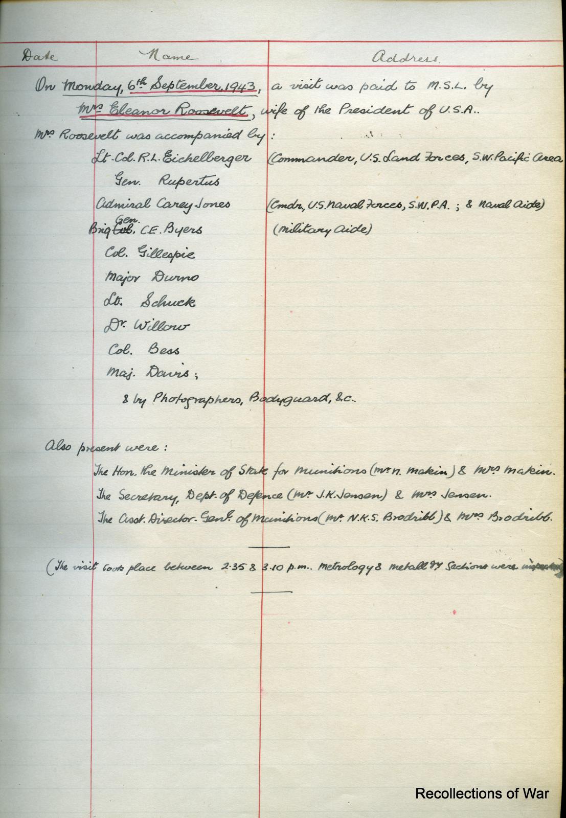 Munitions Supply Laboratories Visitors Book last page 