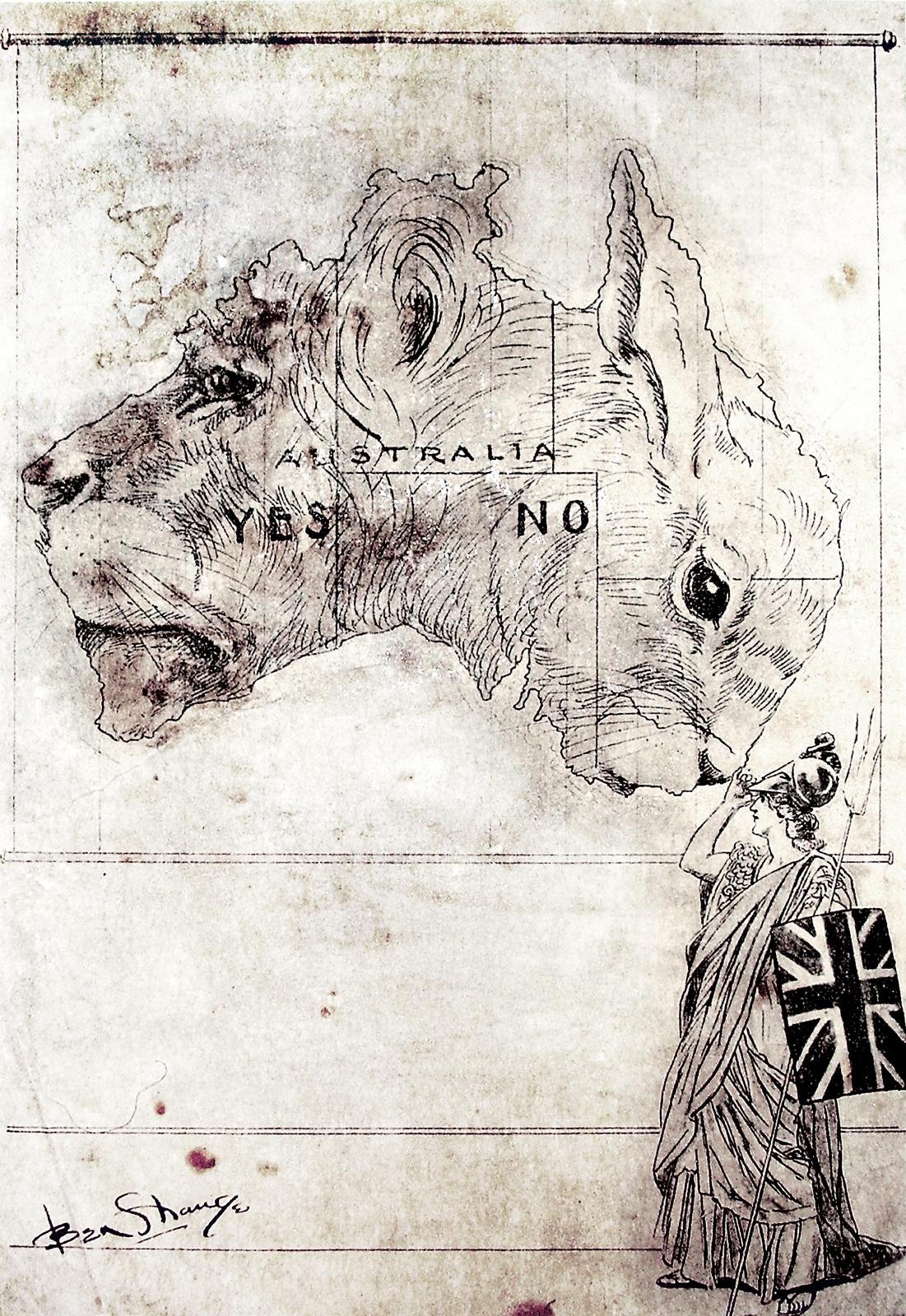 Black and white print of a map of Australia with Western Australia drawn as a lion and the eastern states drawn as a rabbit. The figure of Britania stands in the bottom right corner with a hand over her eyes. Ben Strange signature bottom left corner.