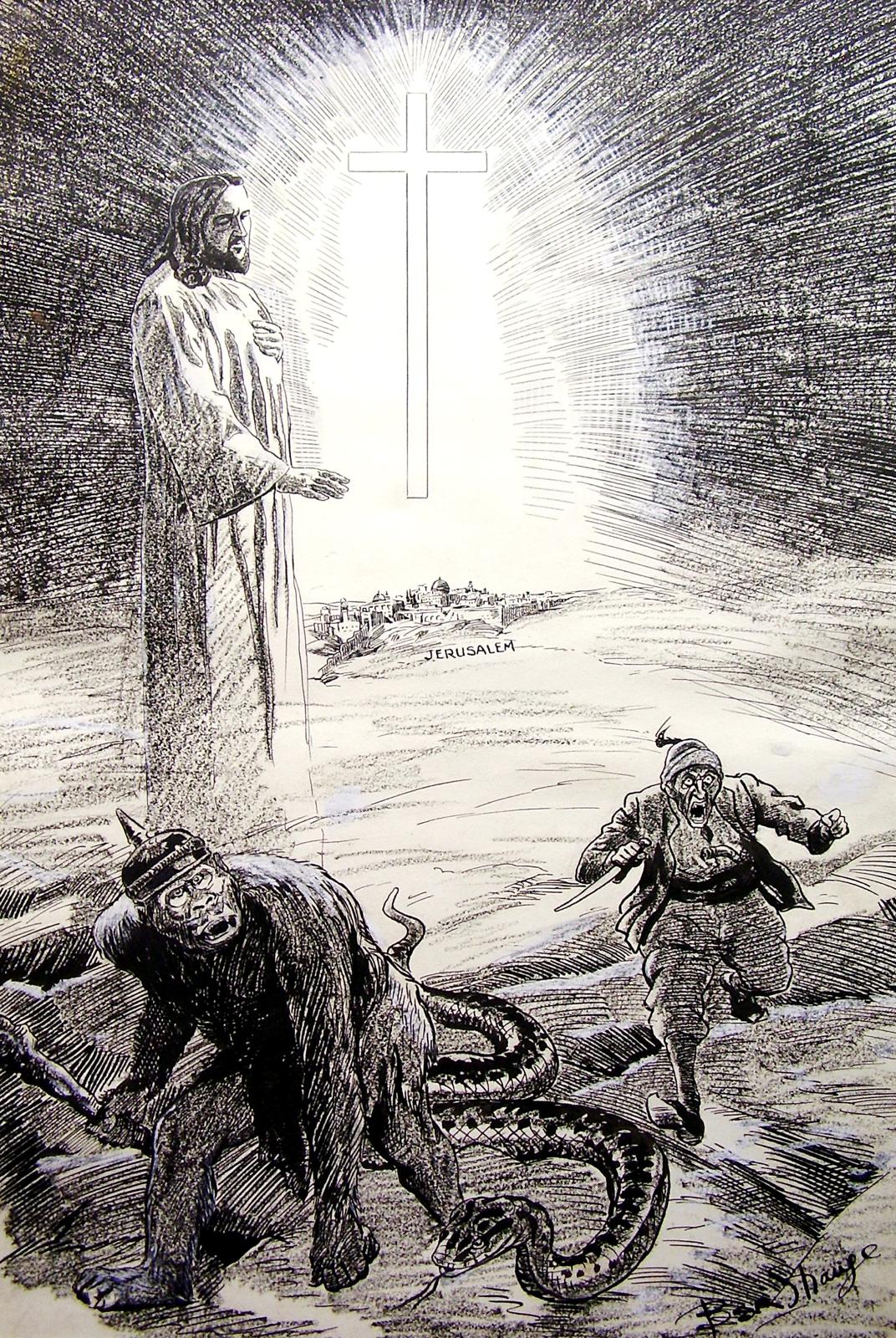 Black and white cartoon featuring image of Jesus Christ standing next to a blazing cross that hovers over the town of Jerusalem. Running from Jesus and away from Jerusalem is an apelike figure wearing a German WWI army helmet, a snake and a caricature of a Turkish thief holding a dagger