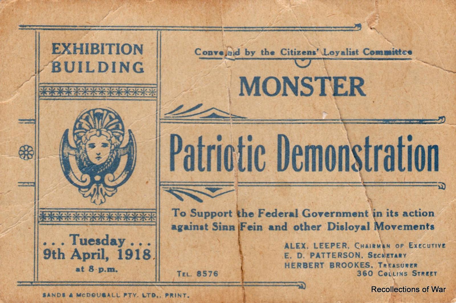 Monster Patriotic Demonstration ticket - 9 April 1918