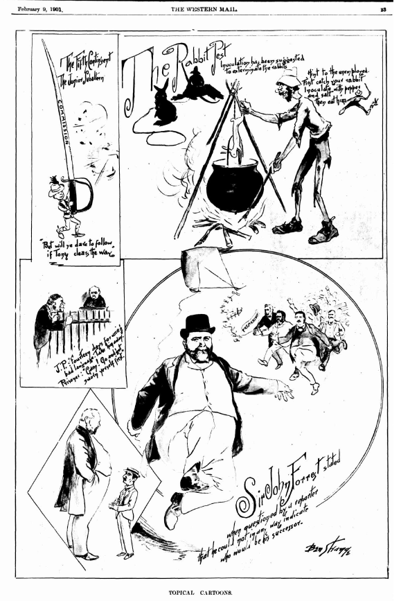 collection of five topical black and white newspaper cartoons