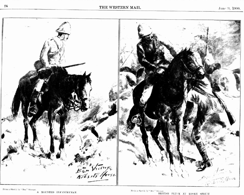 two black and white illustrations panels. Both feature soldiers on a horse. The second soldier is helping another solider up onto the horse