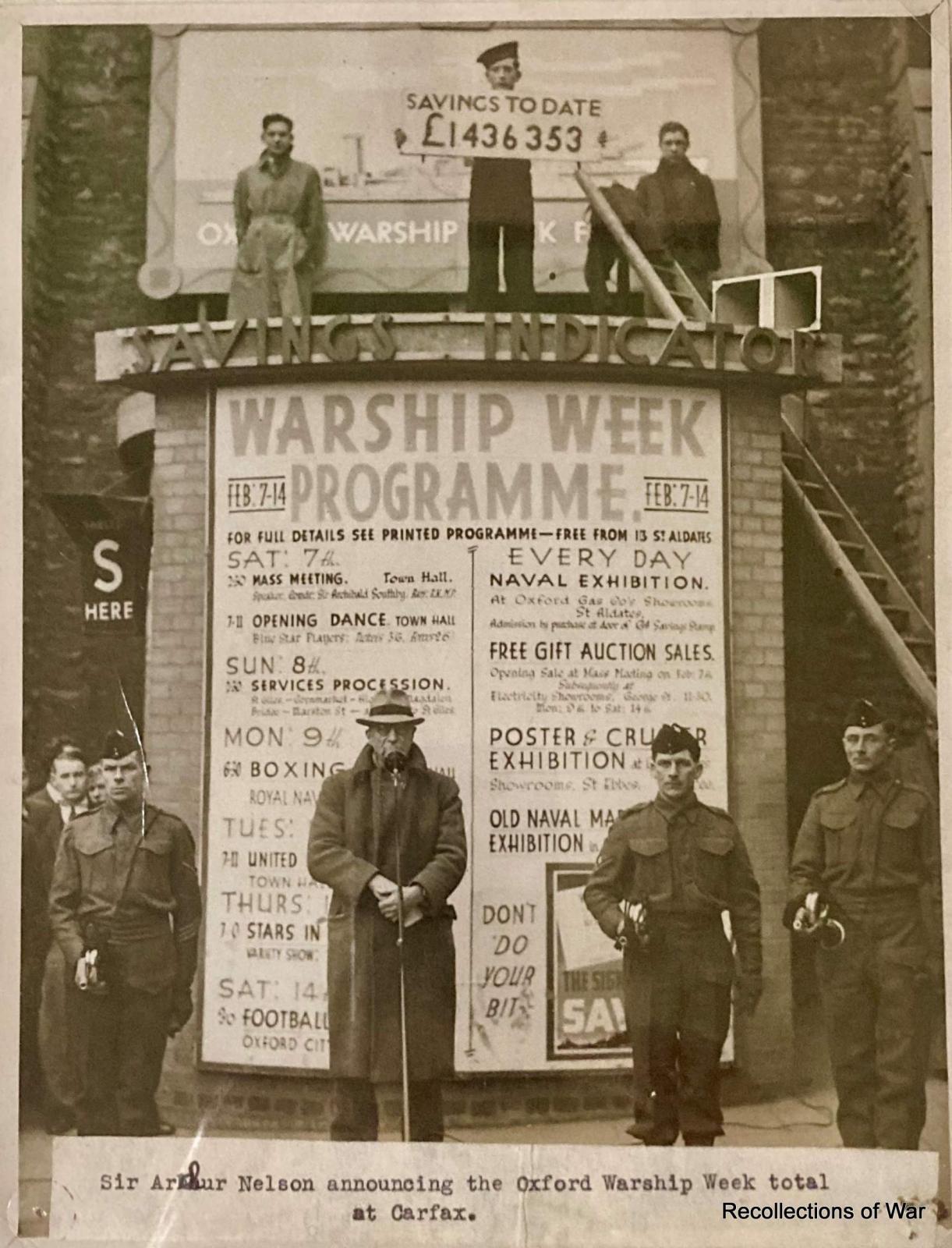 Photo of Oxford Warship Week celebrations. Sir Arthur Nelson announcing total raised.