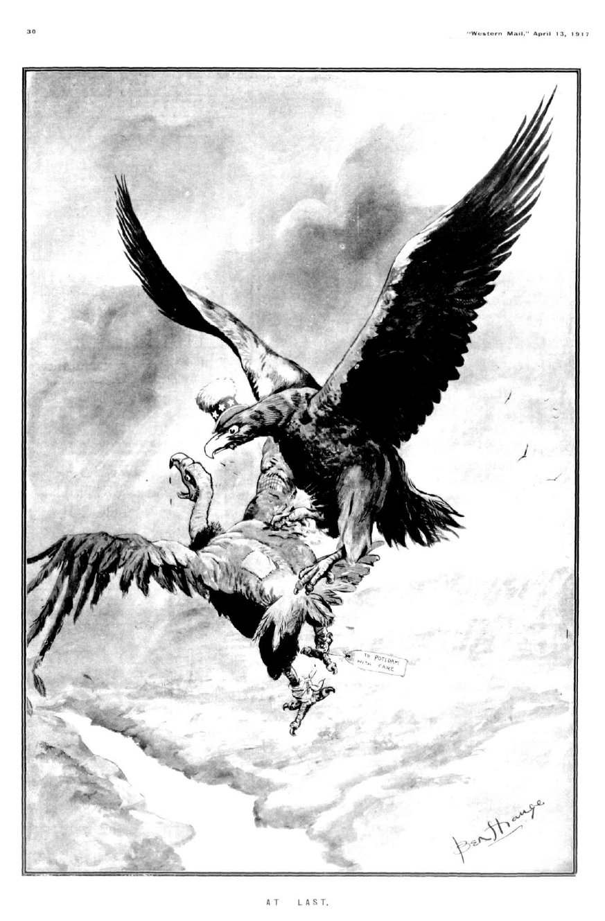 cartoon of an American eagle flying down and striking a flying vulture. The vulture is missing feathers and is crying out in pain. Cartoon title is At Last