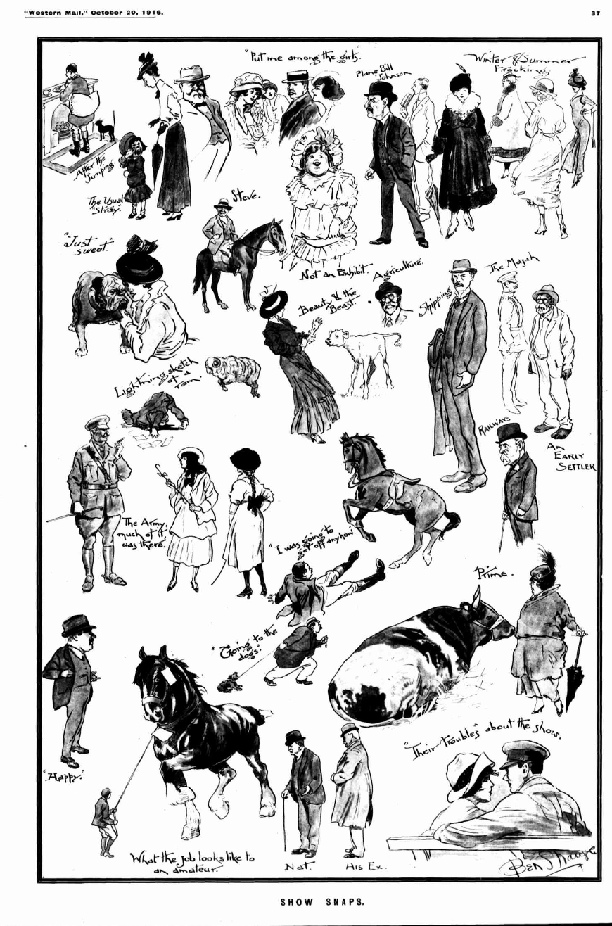 Cartoon featuring lots of small drawings of men, women and children as well as the animals that were at that years Royal Show. titled Show Snaps