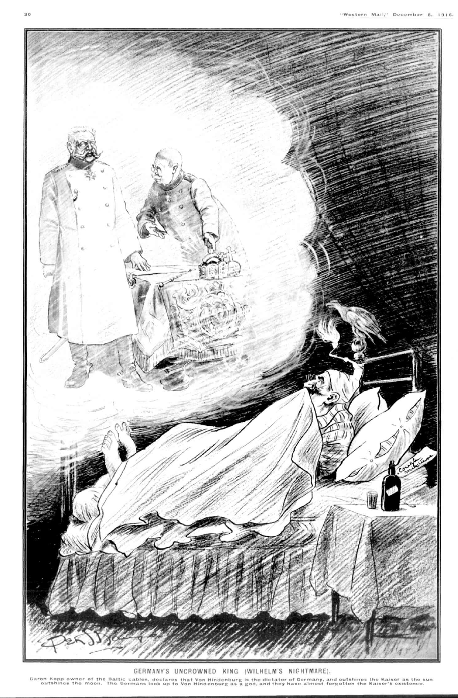 cartoon of the Kaiser cowering behind his sheets in bed with the ghostly image of Baron Kopp and Von Hindenburg above him. Cartoon title Germany's uncrowned King Wilhelm's nightmare.