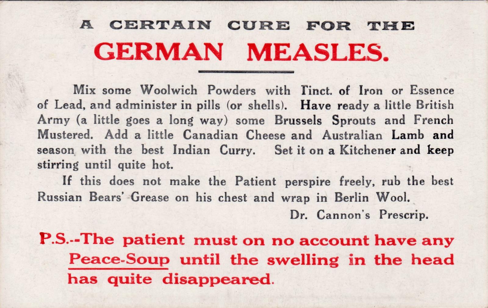 'A certain cure for the German Measles' comic postcard