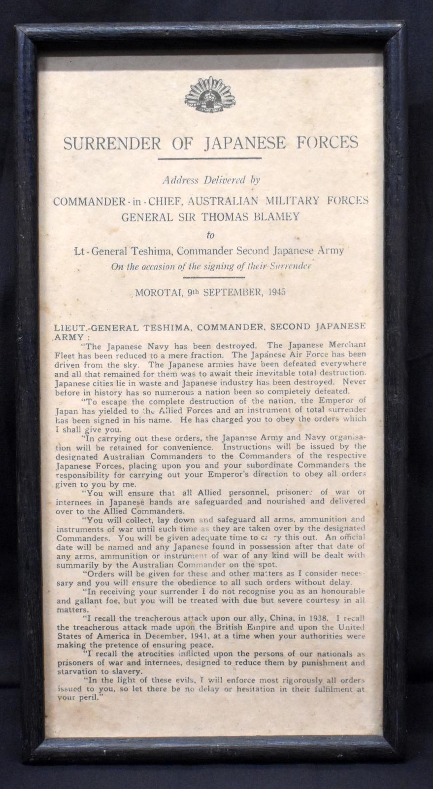 Surrender of Japanese Forces; address by General Sir Thomas Blamey