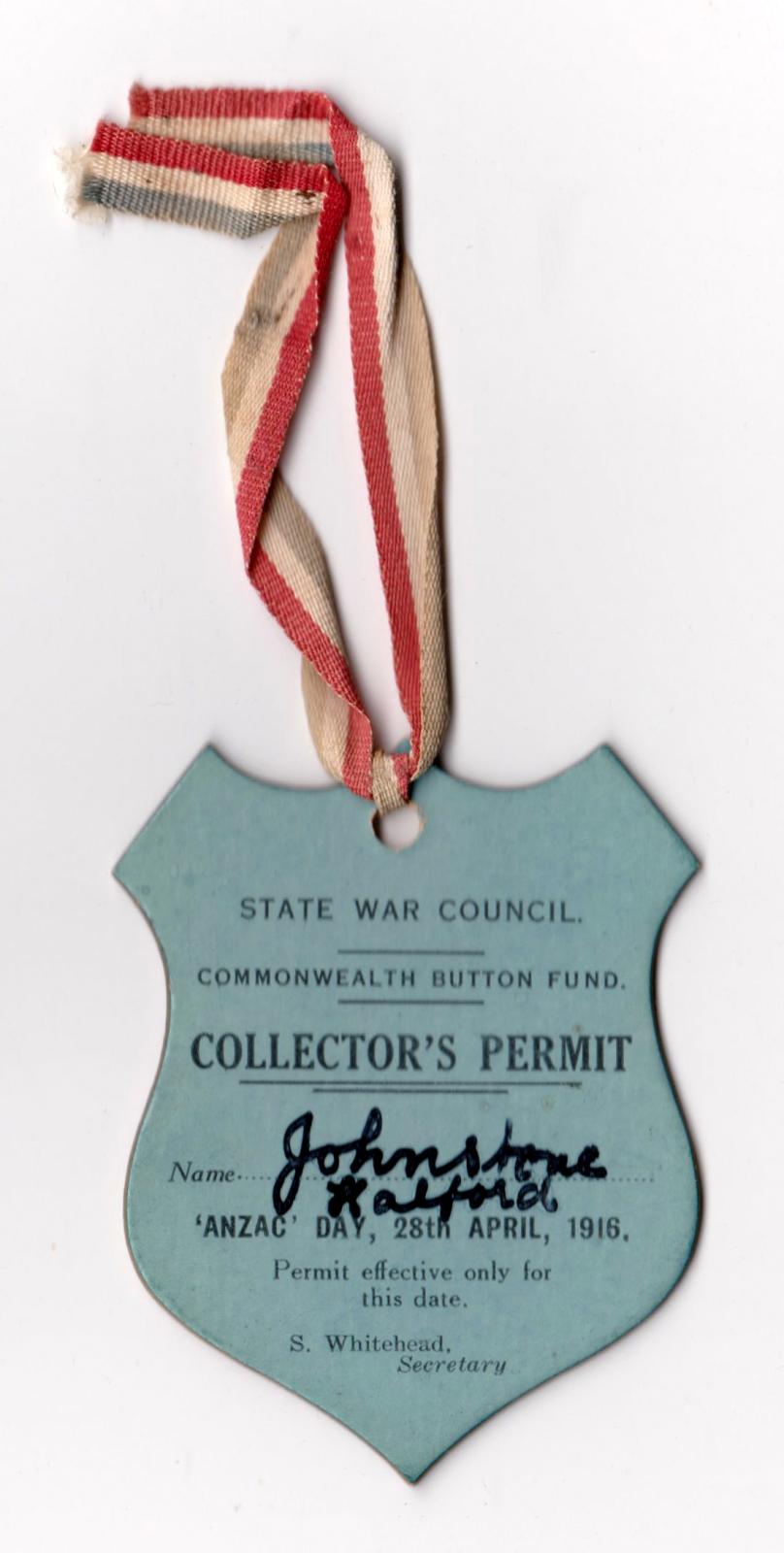 State War Council Collector's Permit - ANZAC Day 1916