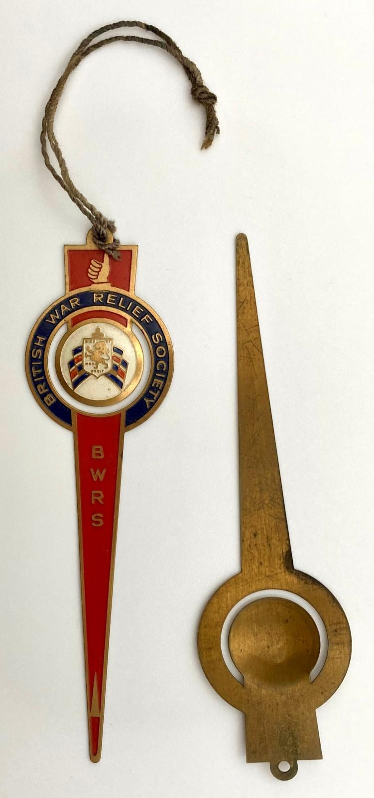 British War Relief Society metal bookmarks - front and back