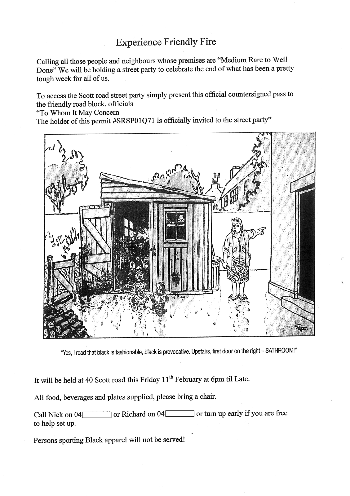 Flyer with text and a black and white cartoon in the middle of two children covered in dirt and soot coming out of a shed with their mother holding a scrubbing brush and pointing to inside the house. 