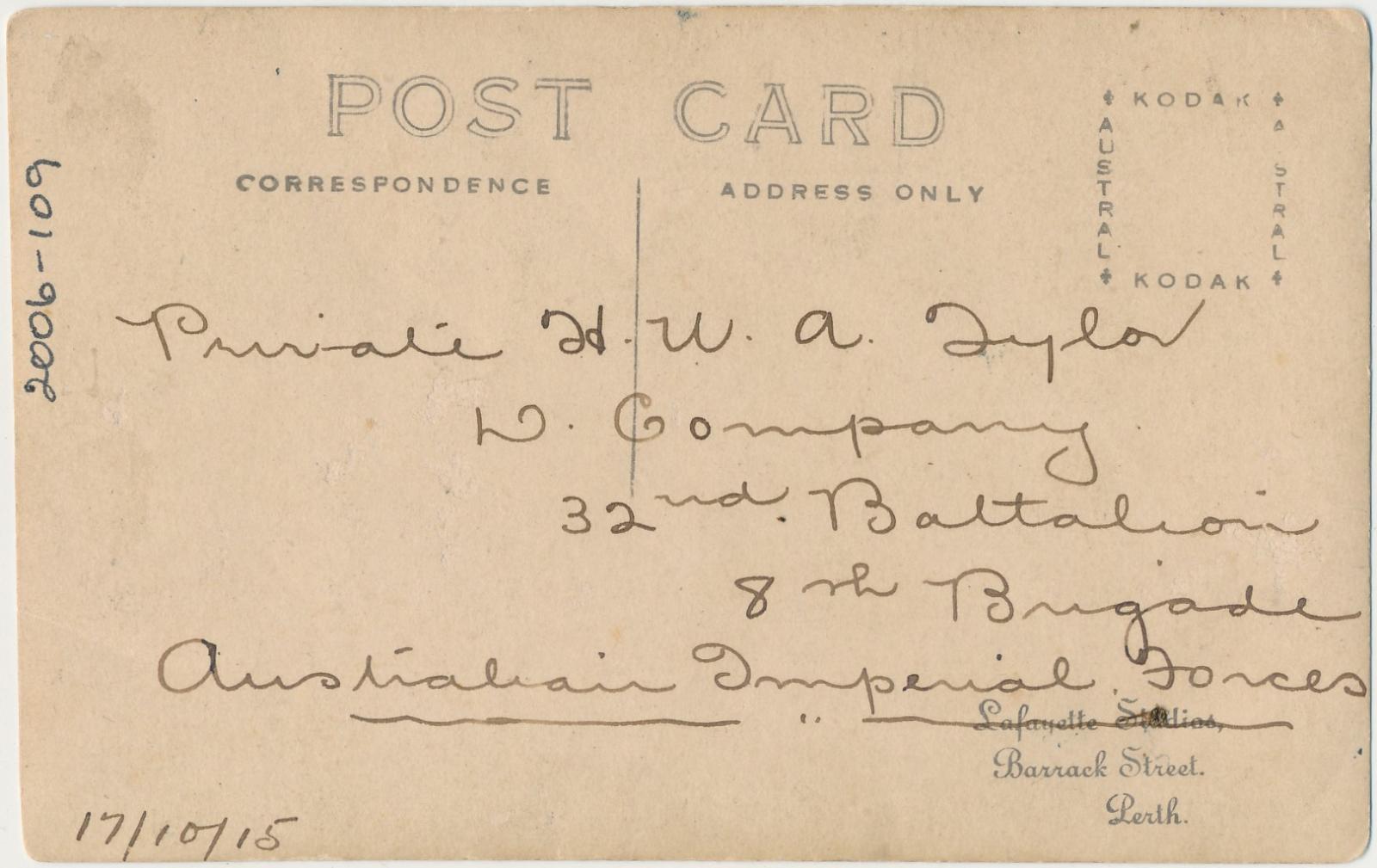 Back of postcard of Horace Wilfred Albert Tylor