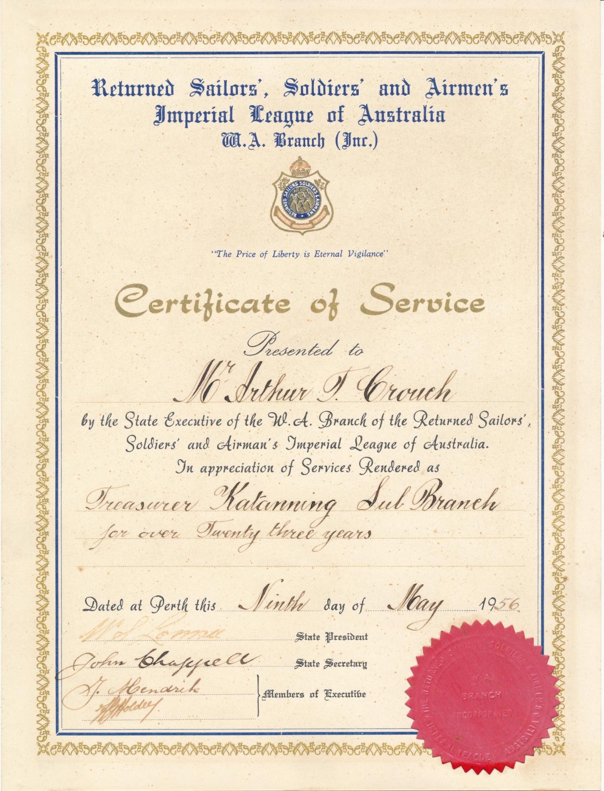 Certificate for Arthur T. Crouch