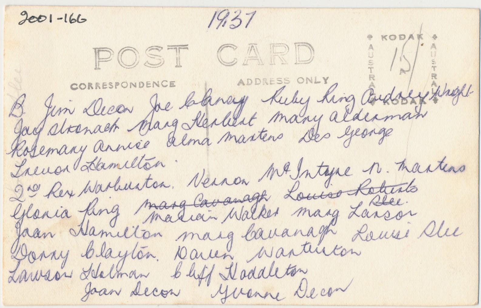 Back of postcard of students of St Rita's Convent