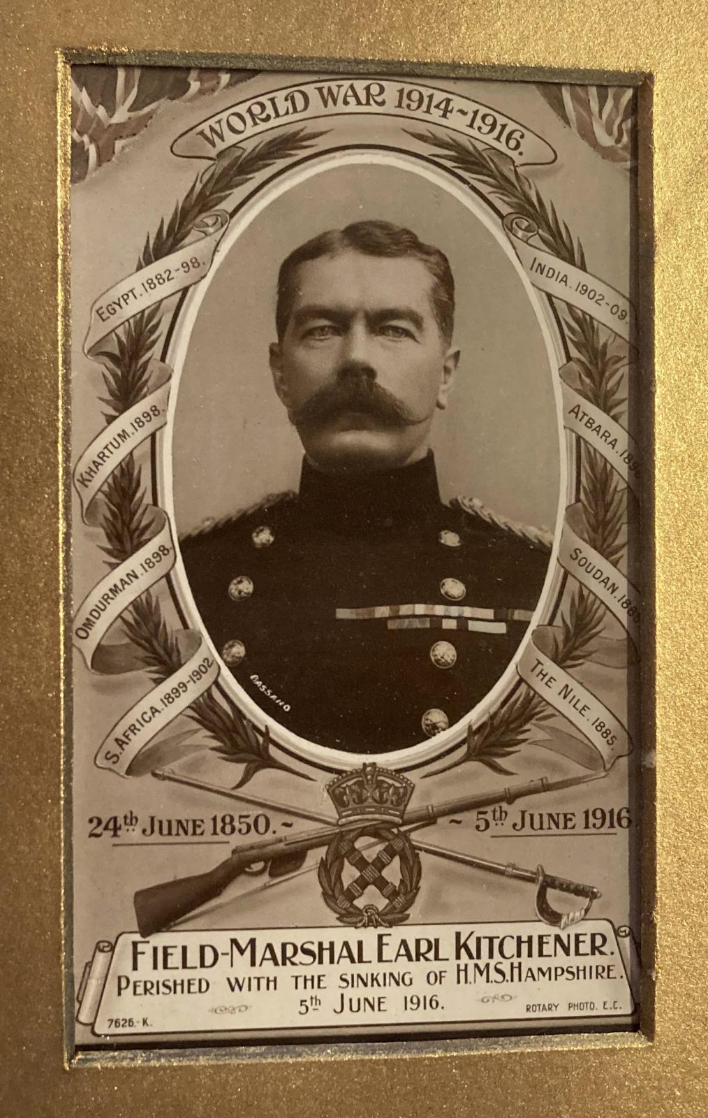 Close-up of framed memorial to Lord Kitchener